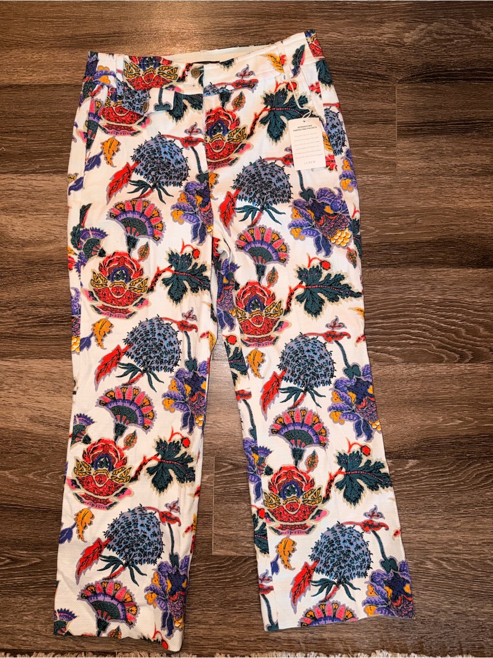 J. Crew White Ankle Crop Pants with Multicolor Floral Print